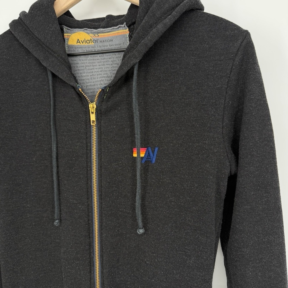 Aviator Nation Rainbow Stripe Cuff Full Zip Jacket Adult Sz XS Dark Grey GUC - Picture 3 of 6